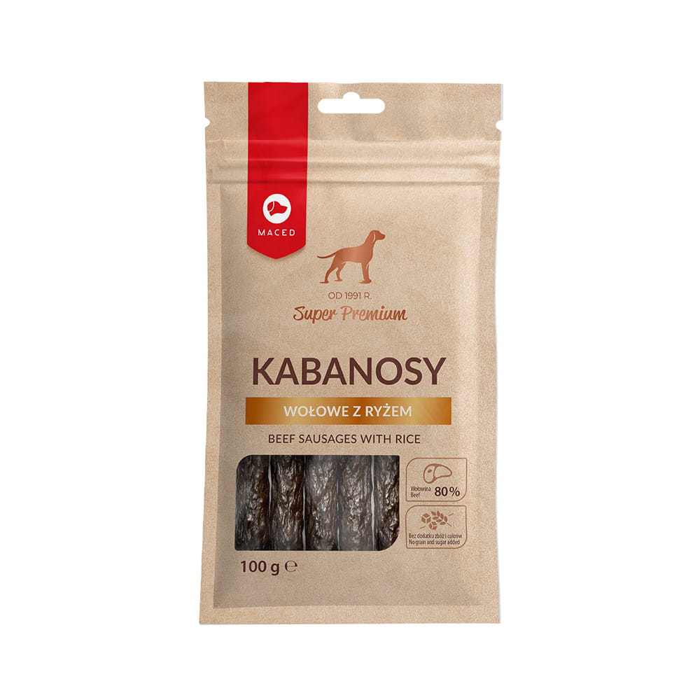 Maced Naturalny Przysmak Treserki Kabanosy Wołowe z Ryżem dla Psa 100g